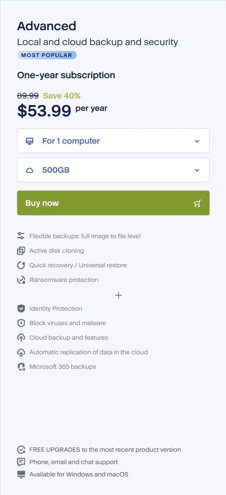 Acronis Cyber Protect Home Office 1 PC/MAC Advanced Version 1yr. 500GB Cloud