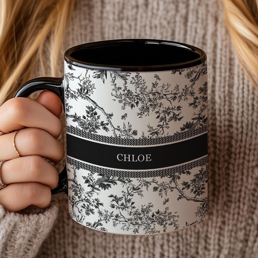 Personalized Name Mug – Black Toile Design | Custom Coffee Cup, Elegant