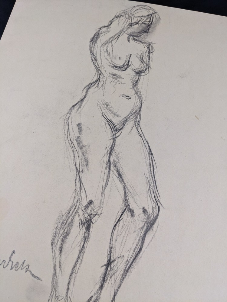 Walter Eck, standing nude, drawing, autographed