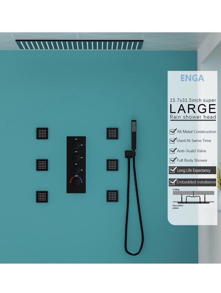 ENGA 4 Handle Thermostatic 6 Jet +16 x 32”Ceiling Rainfall Shower System With