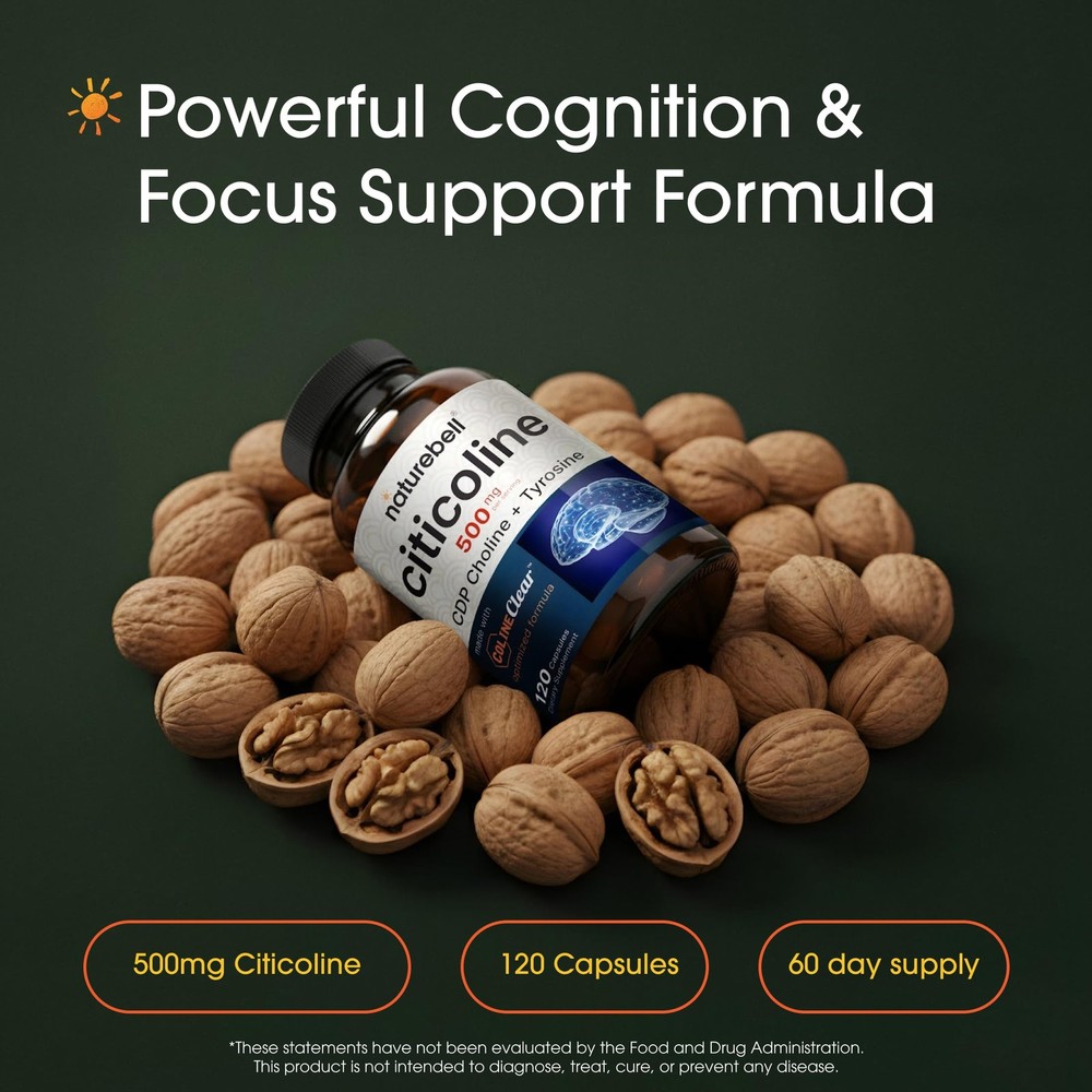 Citicoline 500mg 120 Capsules NatureBell Brain Function Support Adults Memory