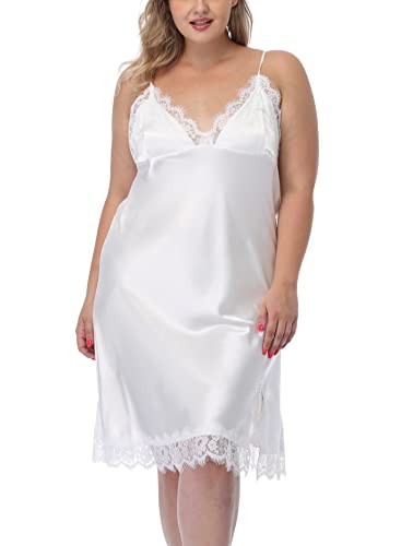 Women's Plus Size Satin Slip Nightgown Lace Chemise Lingeries Sexy 2X White