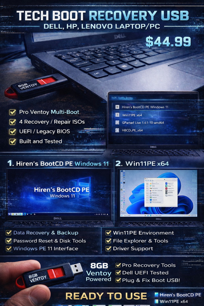 Pro Tech Boot USB – Windows Recovery, Data Rescue, Diagnostics (Dell/HP/Lenovo)
