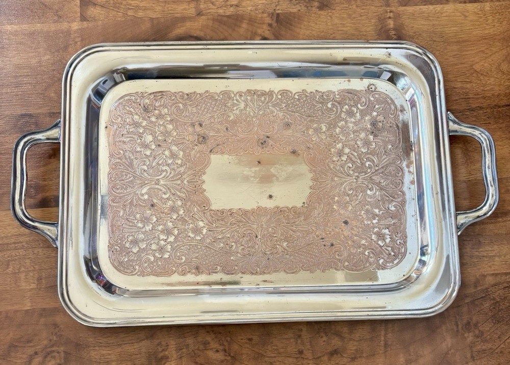 Vintage Gotham Silver on Copper Large Rectangular Serving Tray 11”x15” Floral
