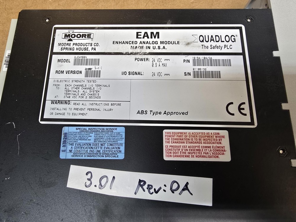 MOORE QLEAMBBN QUADLOG, ROM:3.01, REV:OA, EAM ENHANCED ANALOG MODULE, 24VDC, P/N