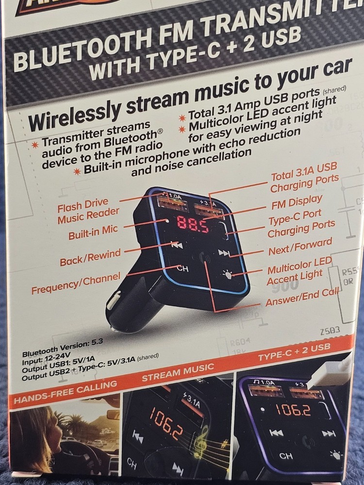 ArmorAll AHF9-1013-BLK Bluetooth FM Transmitter With Type-C + 2 USB