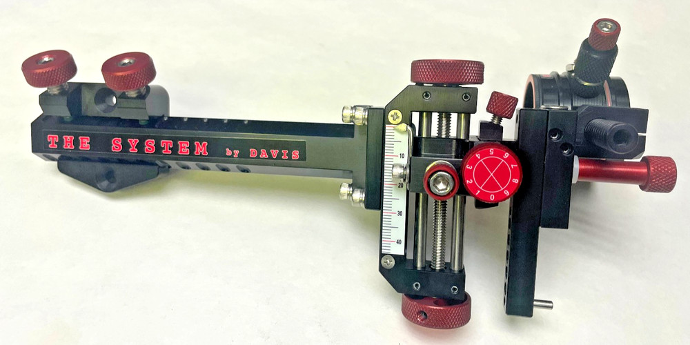 3" DAVIS TARGET SIGHT-Double Knob Mount-5.75" Ext-BLACK/RED KNOBS-Scope .019 Red