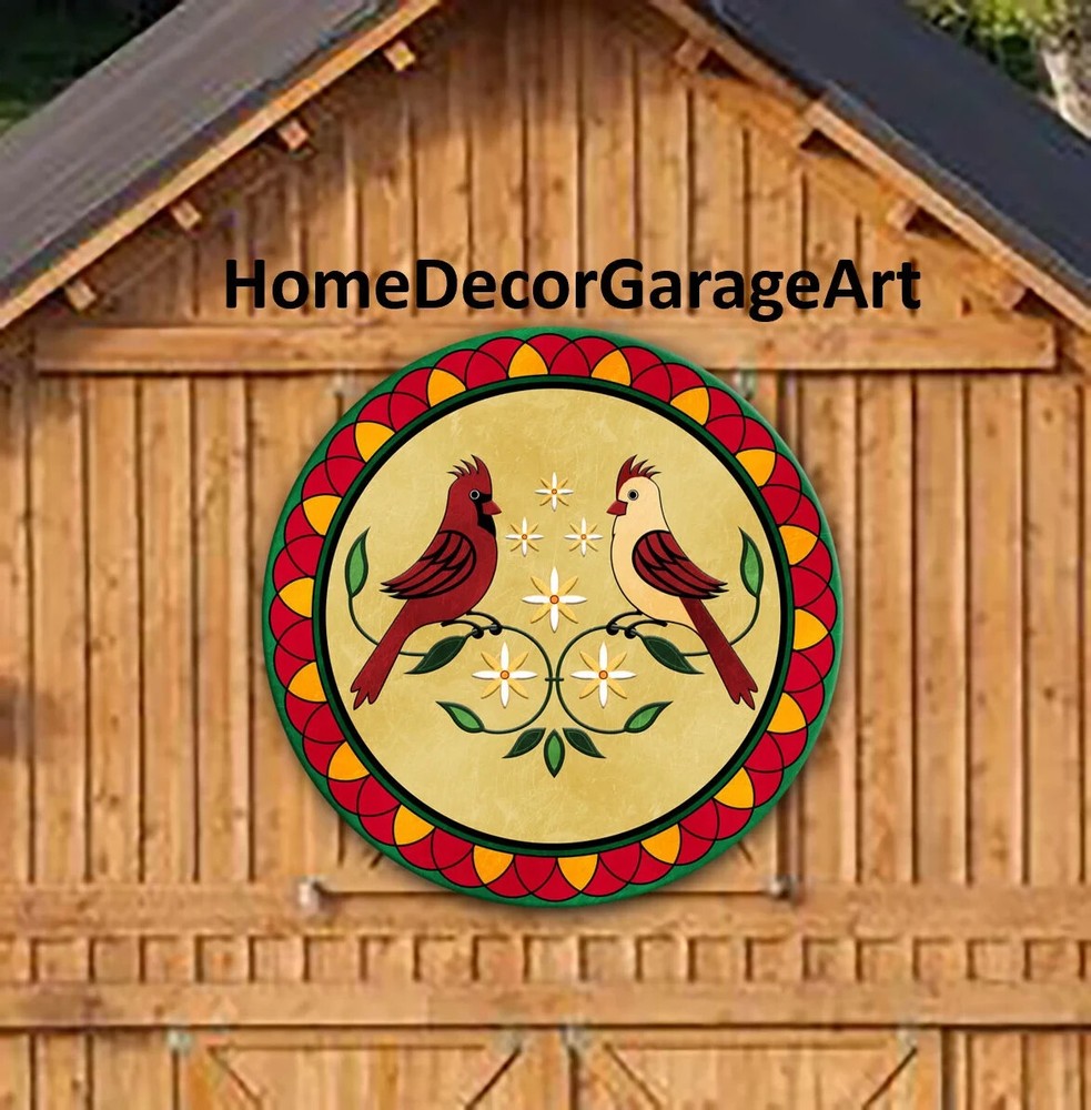 Barn Hex Sign Metal, Pennsylvania Dutch Cardinal Birds Design Pattern Wall Art