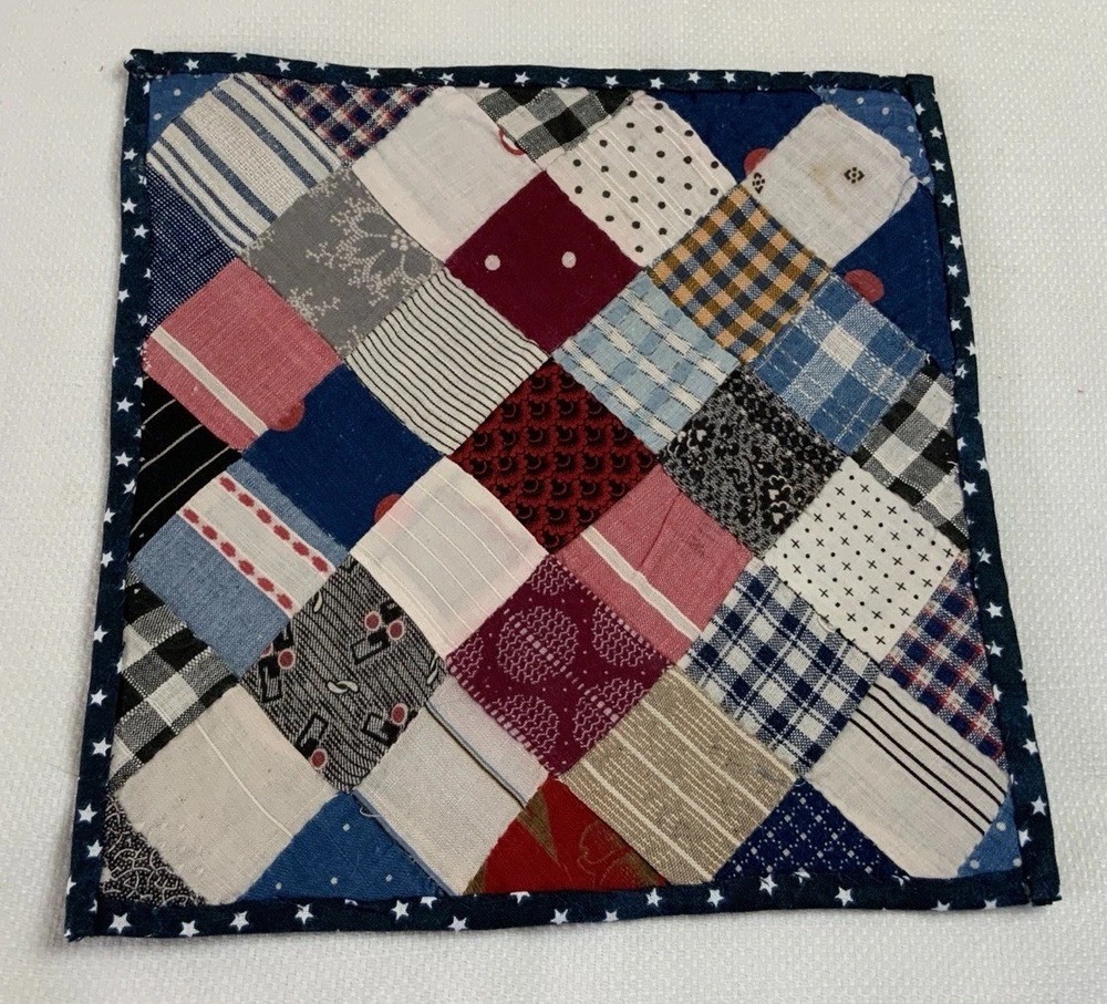 Vintage Patchwork Quilt Table Topper, Four Patch, Early Calico Prints, Blue, Red