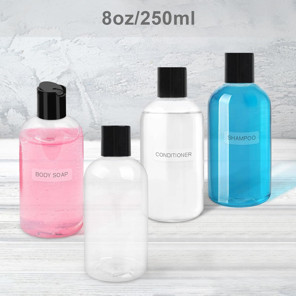 2 Pack 8 oz Empty Plastic Bottles with Black Disc Caps Reusable Clear Leak-Proof