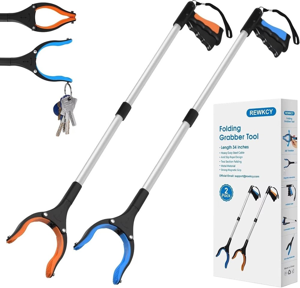 2-Pack 34” Grabber Pickup Tool - Enhanced Grip & Folding Design