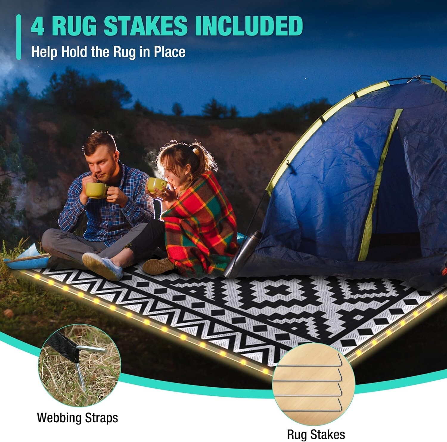 HAUSHOF 5'X8' Outdoor Rug Waterproof with LED Strip Light Black&White for Porch