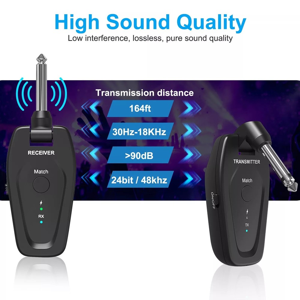 Black UHF Wireless Guitar System Rechargeable Transmitter Receiver Accessories