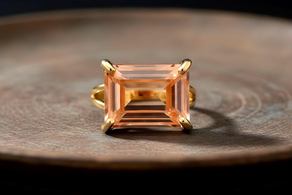 Morganite Ring Anemone 18k Peach Gold Emerald Cut Rectangular Stone
