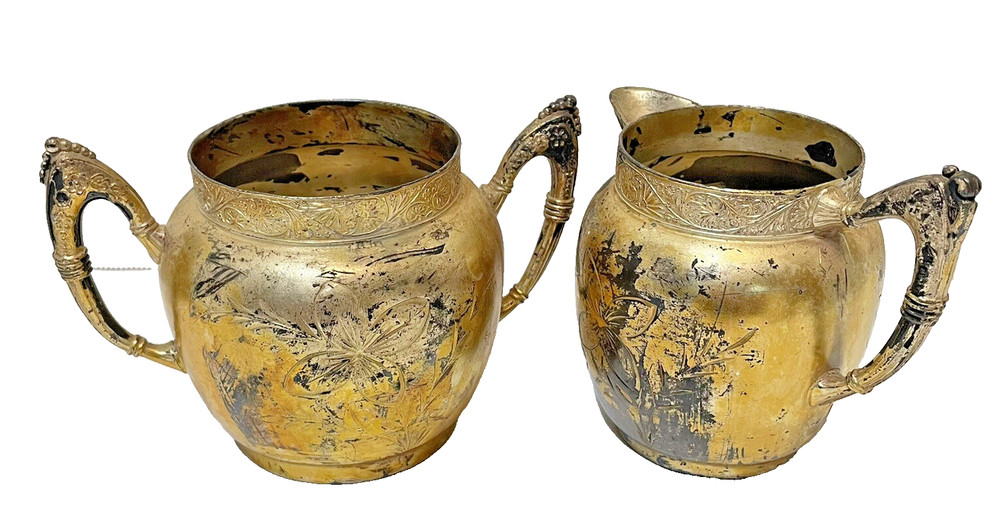 VTG Charles Rogers Triple Plate 44 Creamer Pitcher Double Handle Sugar Bowl 4"