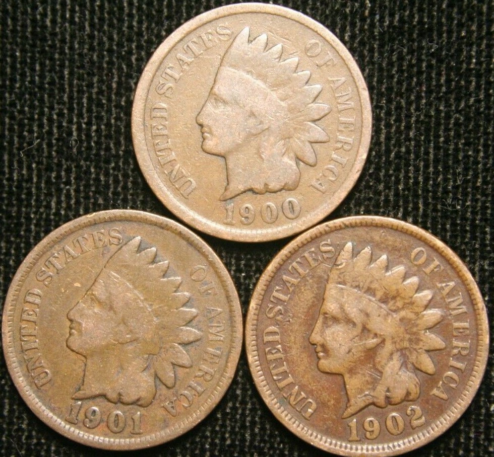 1900 1901 1902 1c Indian Head Cent Penny Set Lot , All 3 Coins , Circulated