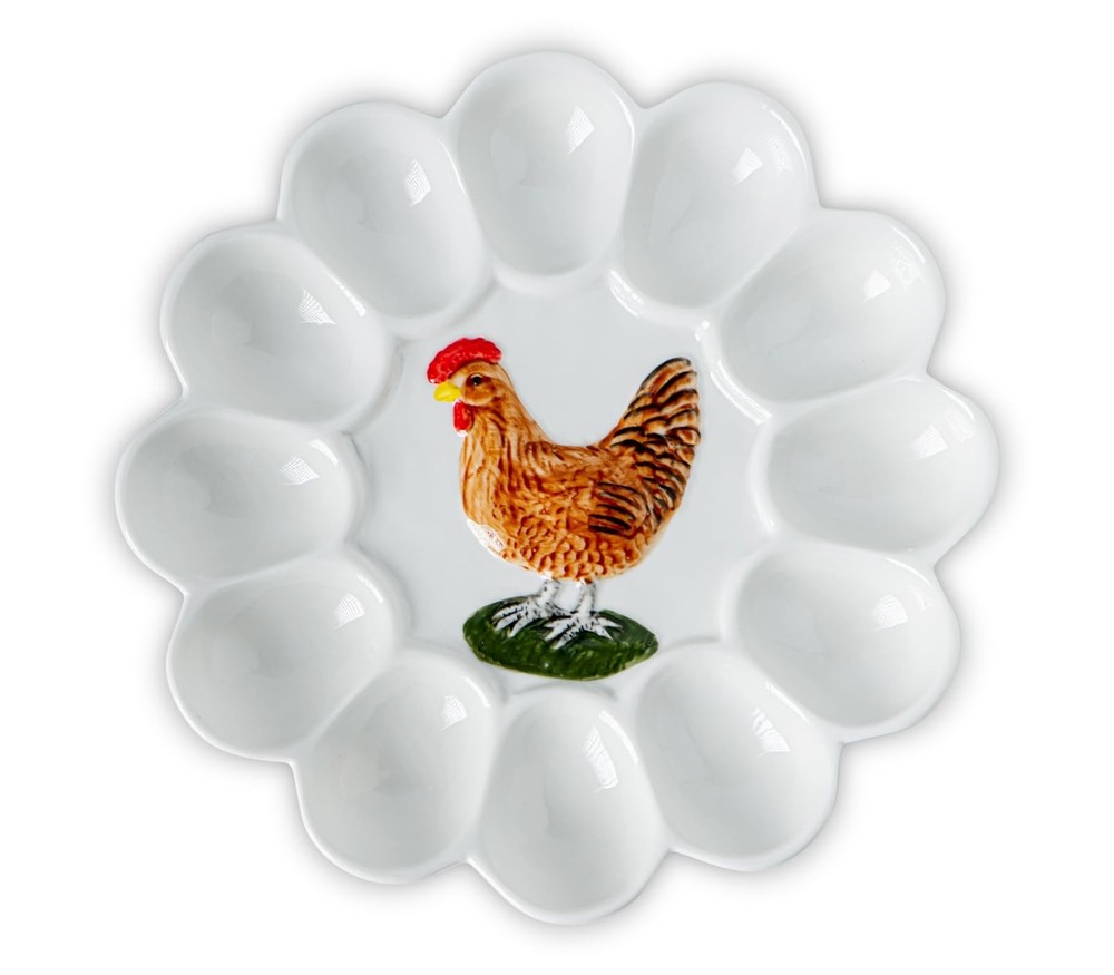 dgudgu Ceramic Deviled Egg Platter White Deviled Egg Tray With Chicken Patter...