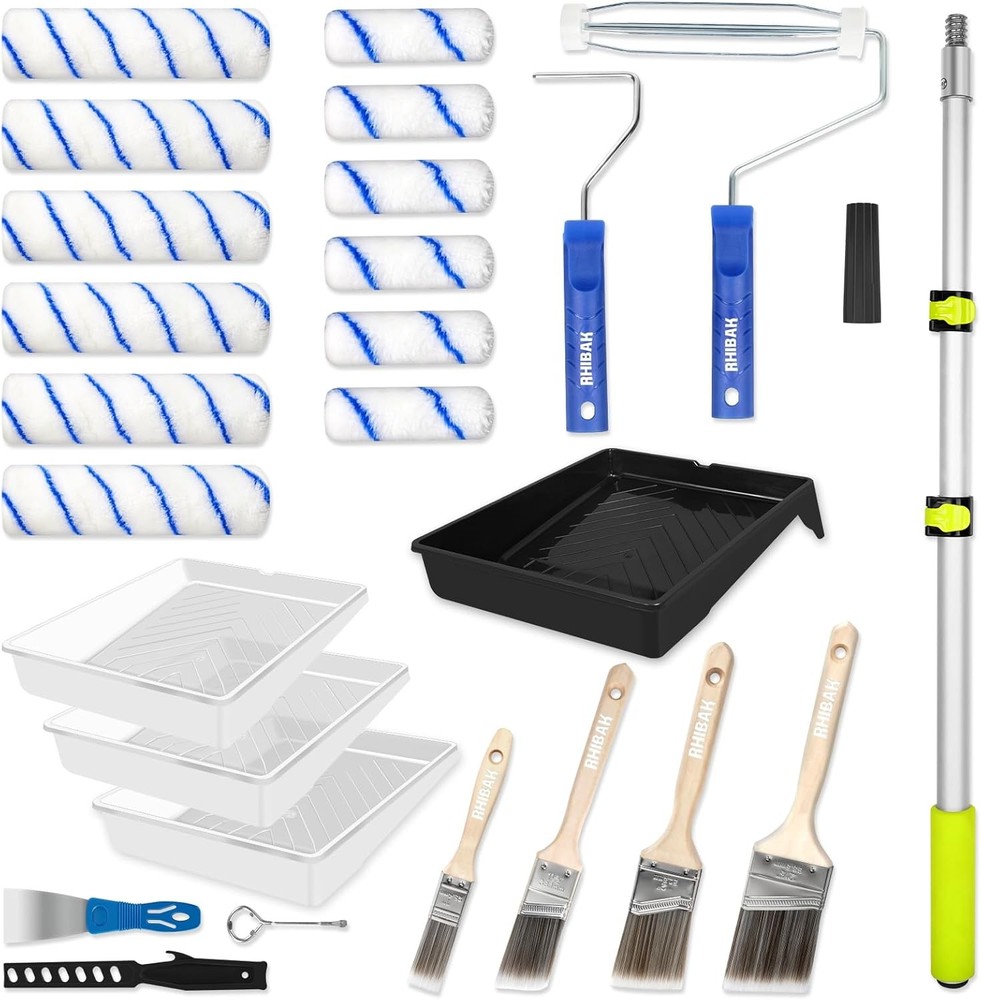 Paint Roller Kit with Extension Pole, 27 Piece Set, 2 to 4 Ft Pole, 4"9" Paint