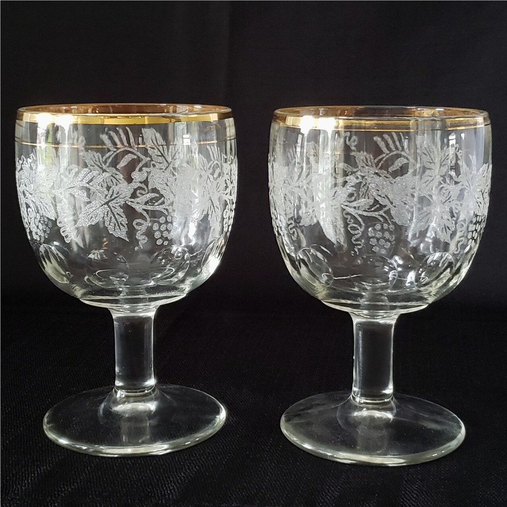 Vintage Pressed Glass Goblet with Applied Vining Grape Leaf Pattern Gold Trim