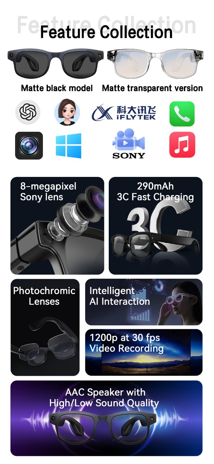 AI Smart Glasses 8MP Camera 4k HD Video Real-Time Translation Image Recognition