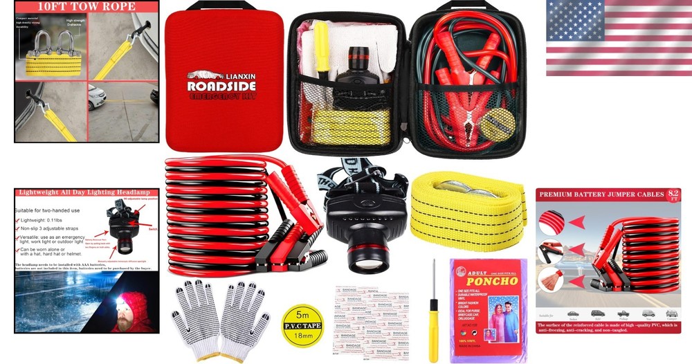 Compact Red Roadside Emergency Kit with Jumper Cables & Adjustable Headlamp