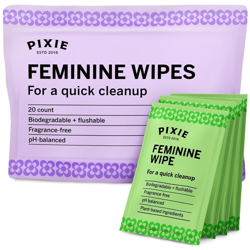 Pixie Feminine Wipes - Flushable, Biodegradable, pH Balanced & Unscented - In...