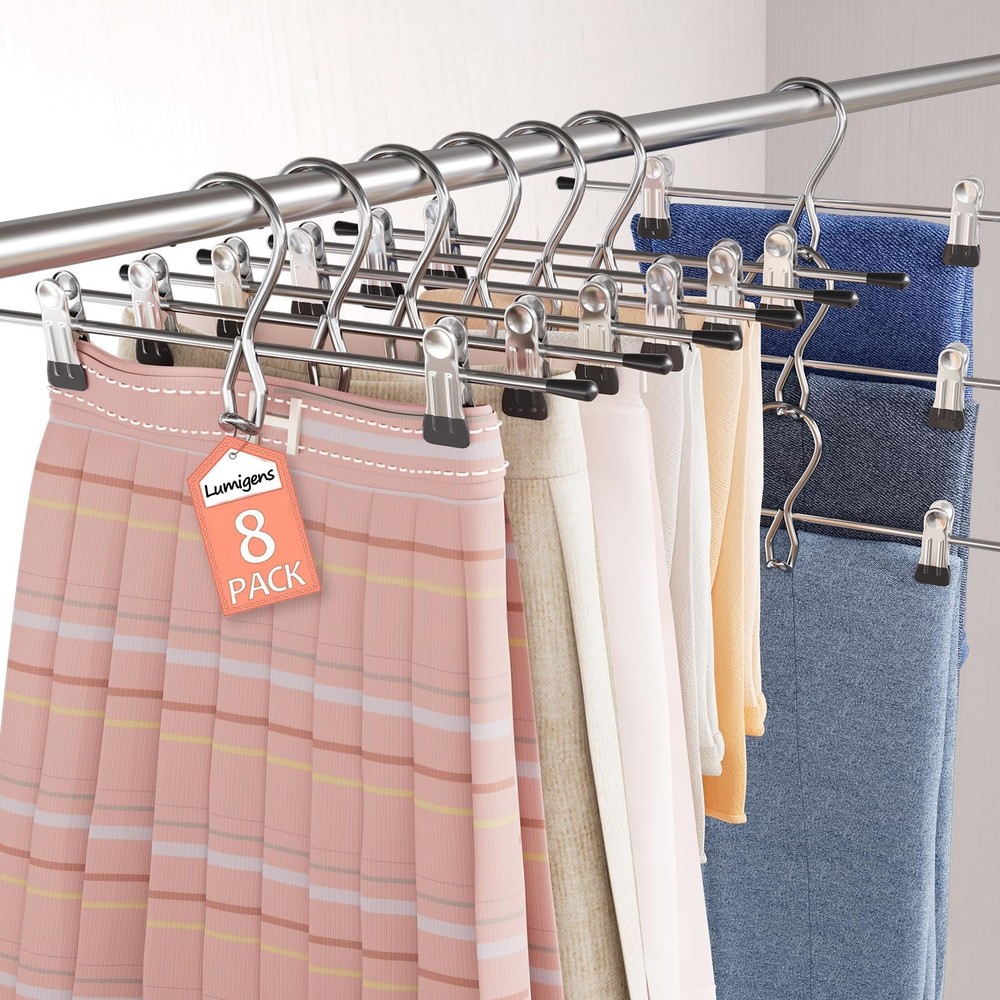 Pants Hangers Space Saving,Stackable Skirt with Clips, 8pack, Sliver