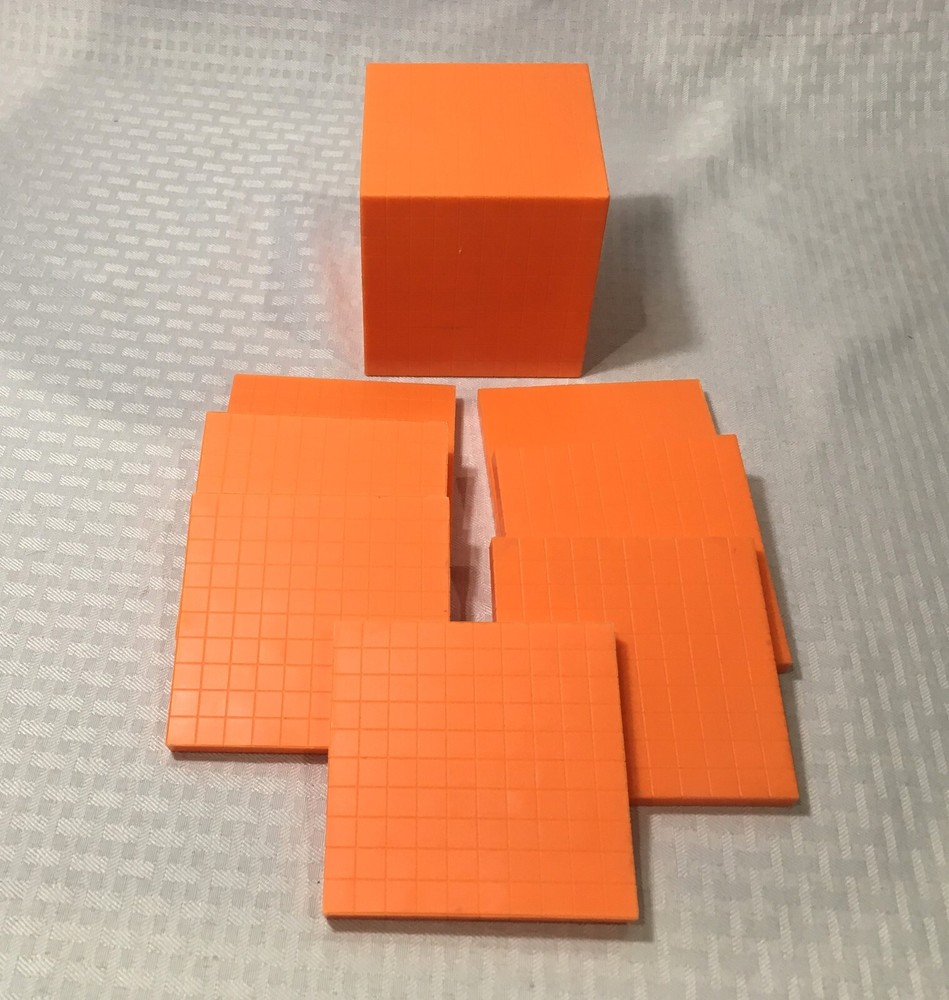 MATH MANIPULATIVES / BASE 10 COUNTING BLOCKS / 1 CUBE - 7 FLATS / ORANGE PLASTIC