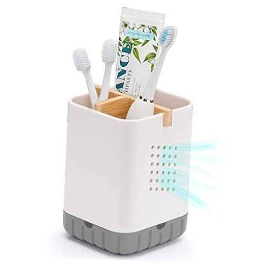 Toothbrush and Toothpaste Holder with Bamboo Divider for Bathroom White&gray