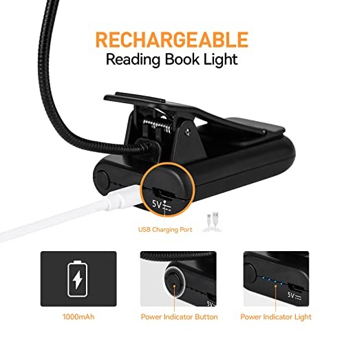 Amber Rechargeable Reading Light, Blue Light Blocking Book Light, 1-Pack Black