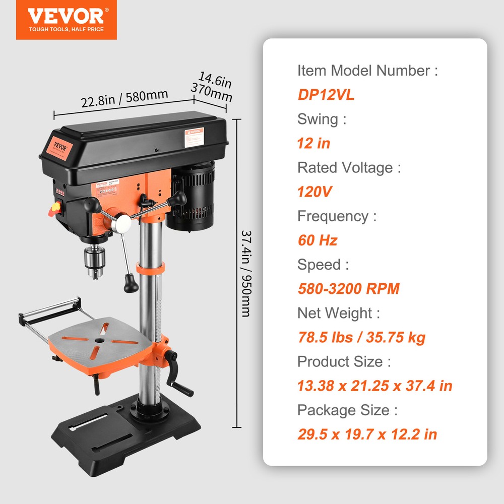 VEVOR 12-Inch Benchtop Drill Press Cast Iron Drill Press 5 Amp Variable Speed