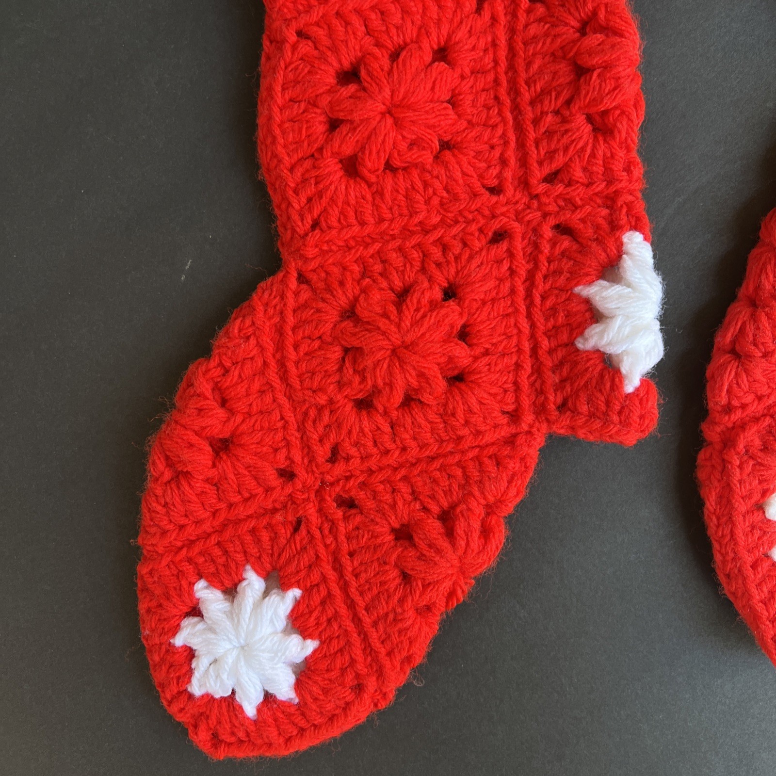 VTG Crochet Christmas Stockings Pair Red White Granny Squares Handmade 21” & 17”
