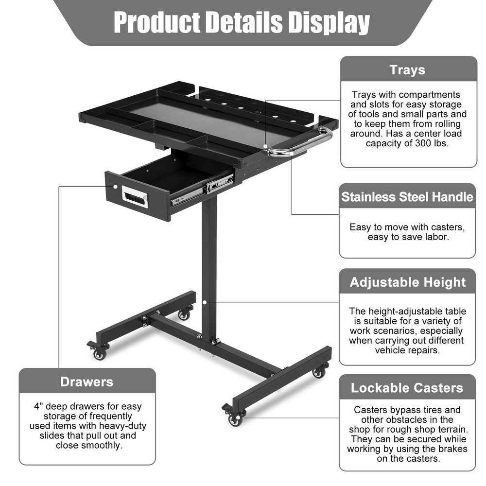 🔥Rolling Tool Tray with Wheels Adjustable Height Mobile Work Table 300Lb Capaci