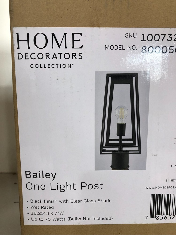 Home Decorators Bailey Modern 1-Light Black Outdoor Post Light New
