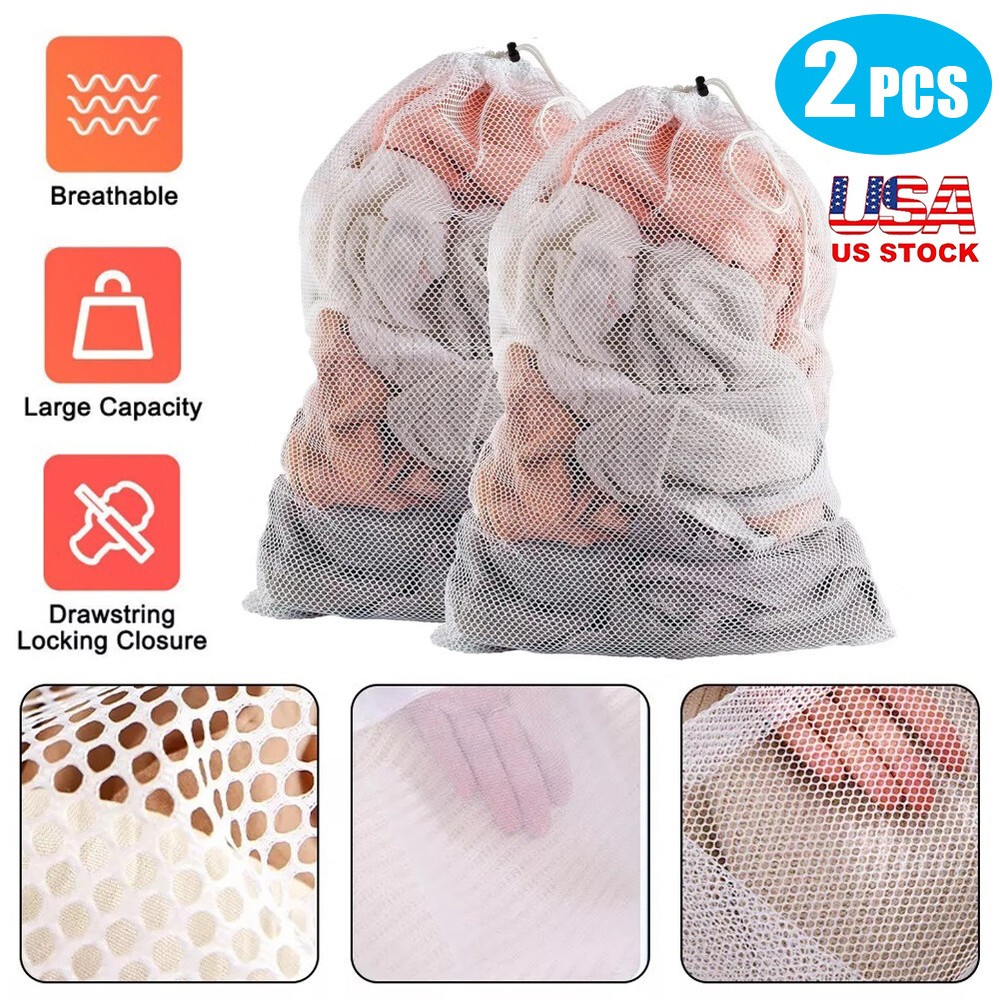 2x Extra Large Drawstring Laundry Bag Solid Mesh Material Mesh Laundry Bag White