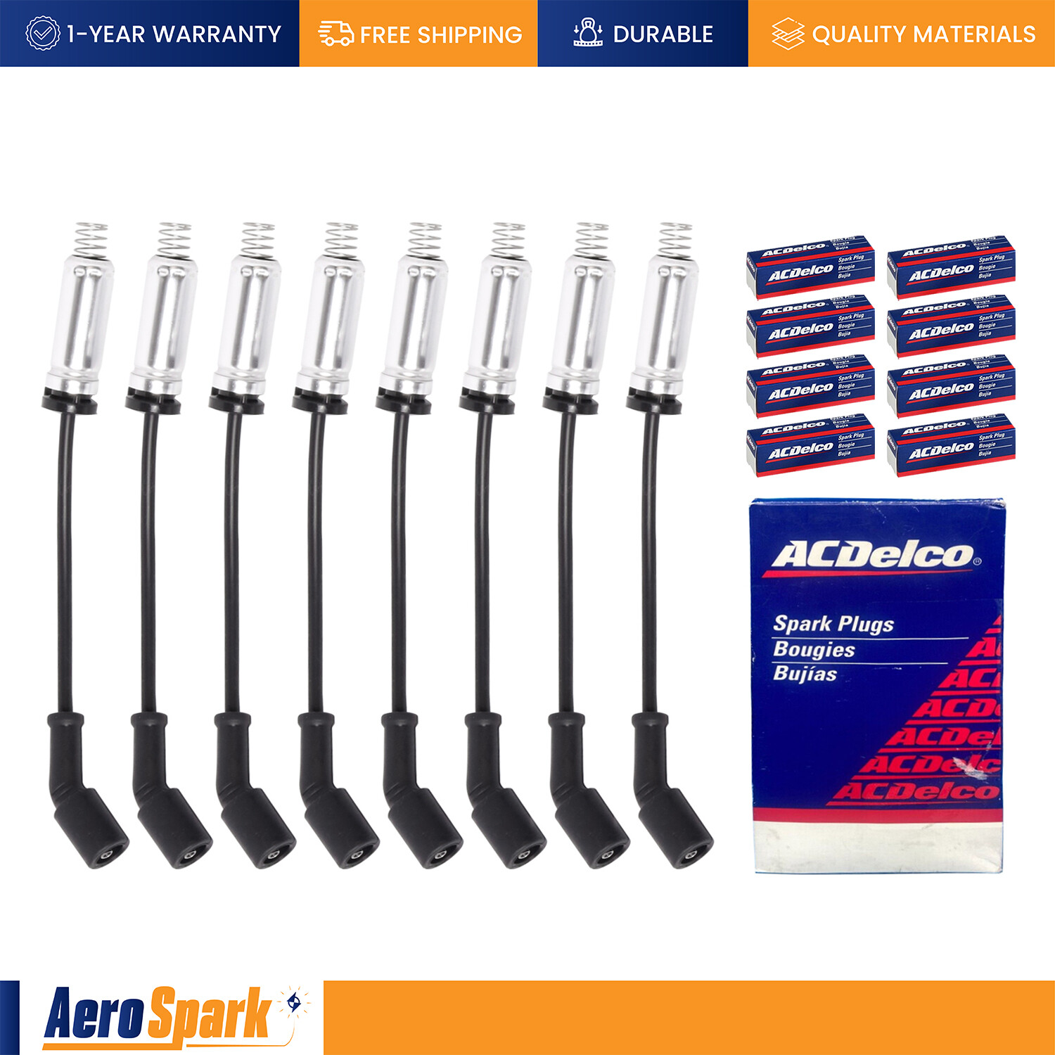 8mm Wireset + 8 AcDelco Spark Plug 41-110 for 1999-2018 GMC Sierra 1500 5.3L