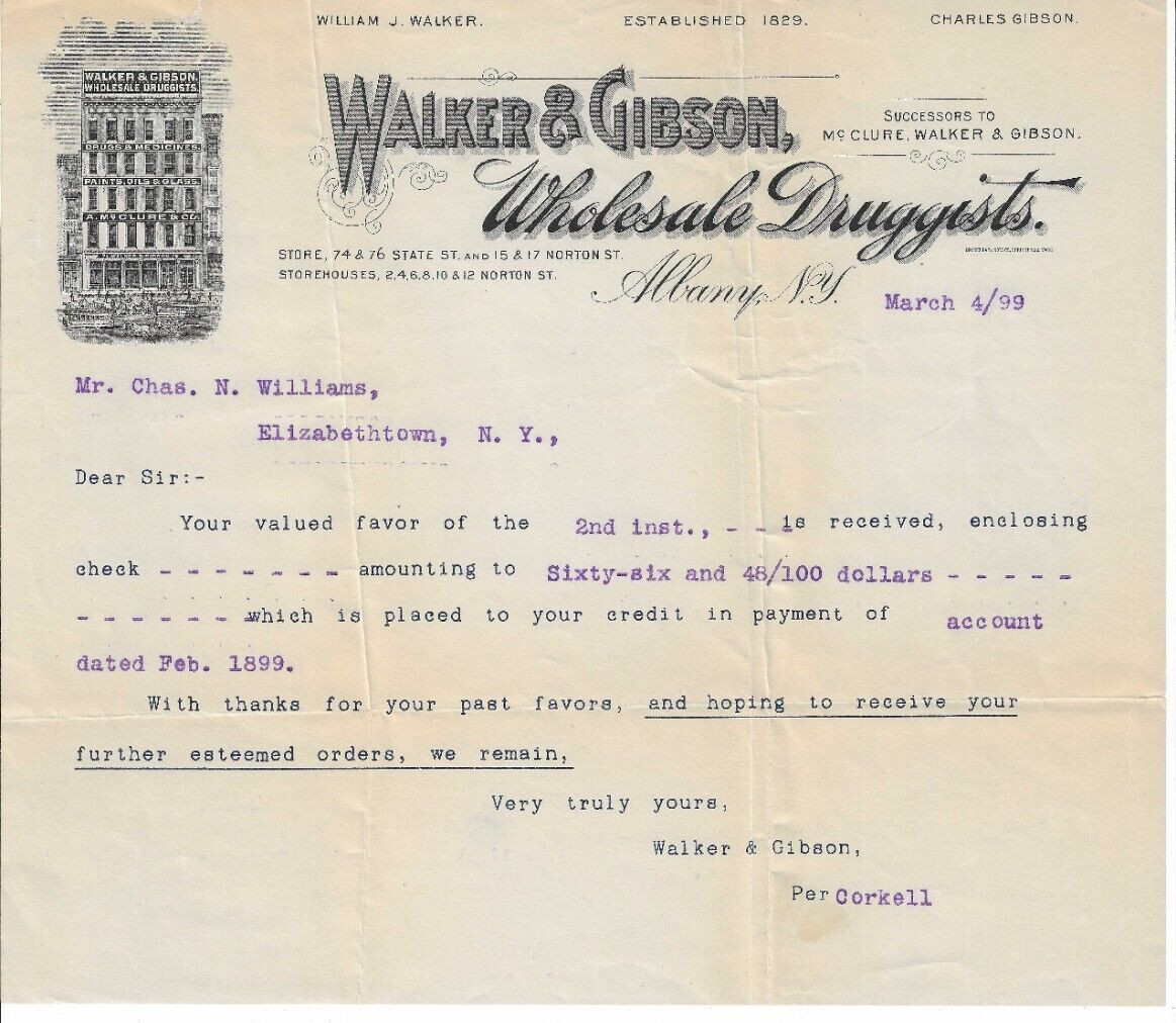 1899 Receipt Letter, Walker & Gibson, Wholesale Druggists, Albany New York