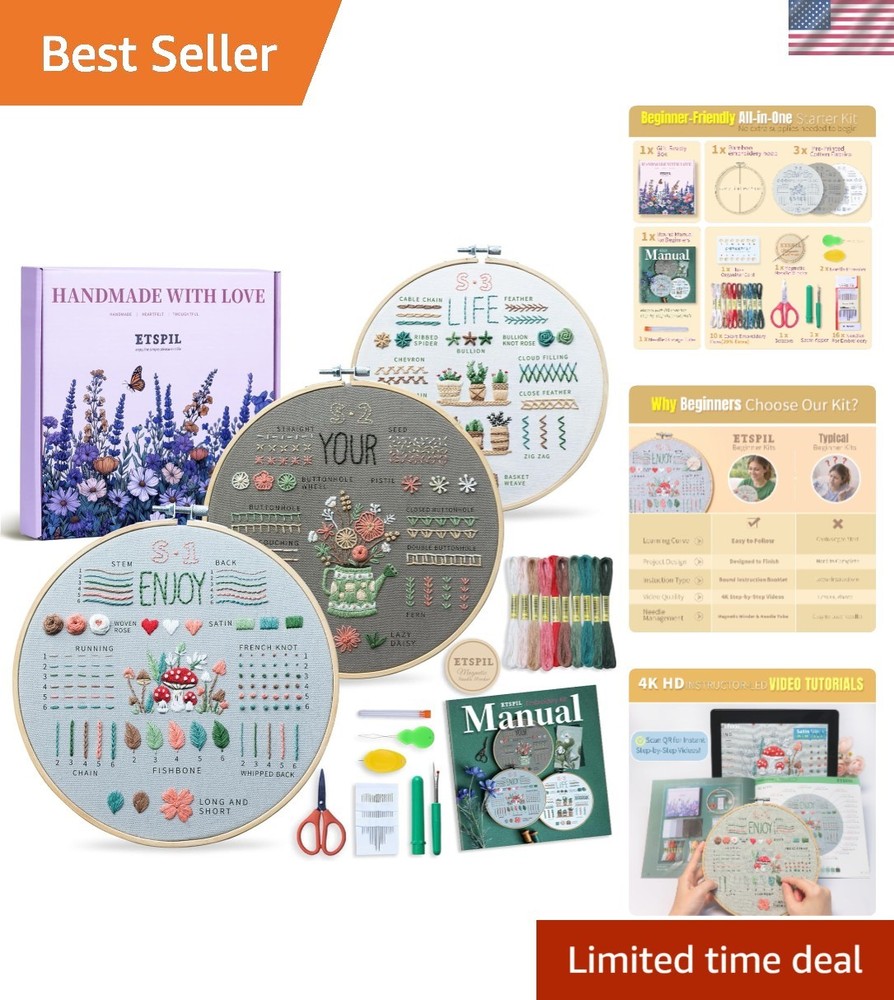 Embroidery Kit for Beginners, Easy Step-by-Step 4K Video Tutorials for Adults...