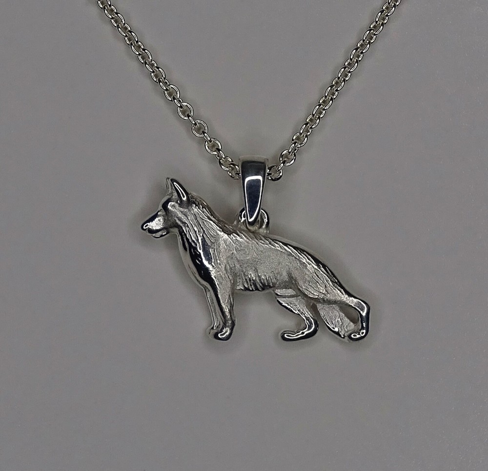 Small Sterling Silver German Shepherd Dog Standing Study Pendant