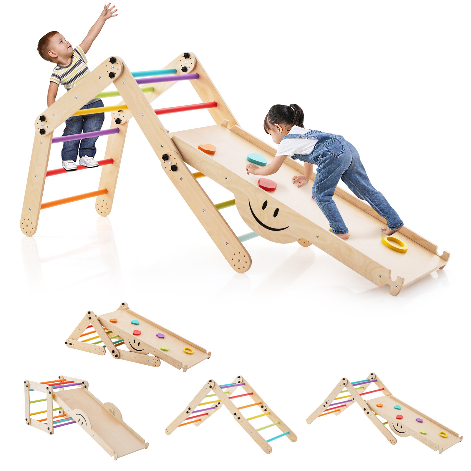 Wooden Climbing Toys for Toddlers Jungle Gym w/Reversible Ramp, Seesaw, Climber