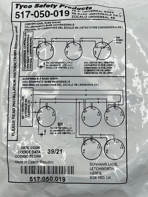 Tyco 517-050-019 5B 5" Universal Detector Base New in Sealed Bag