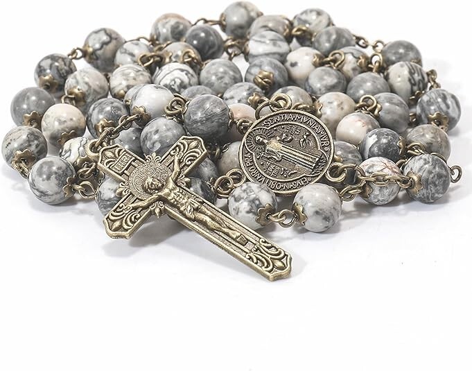 Natural Map Stone Rosary Beads Necklace St. Benedict Cross and Medal