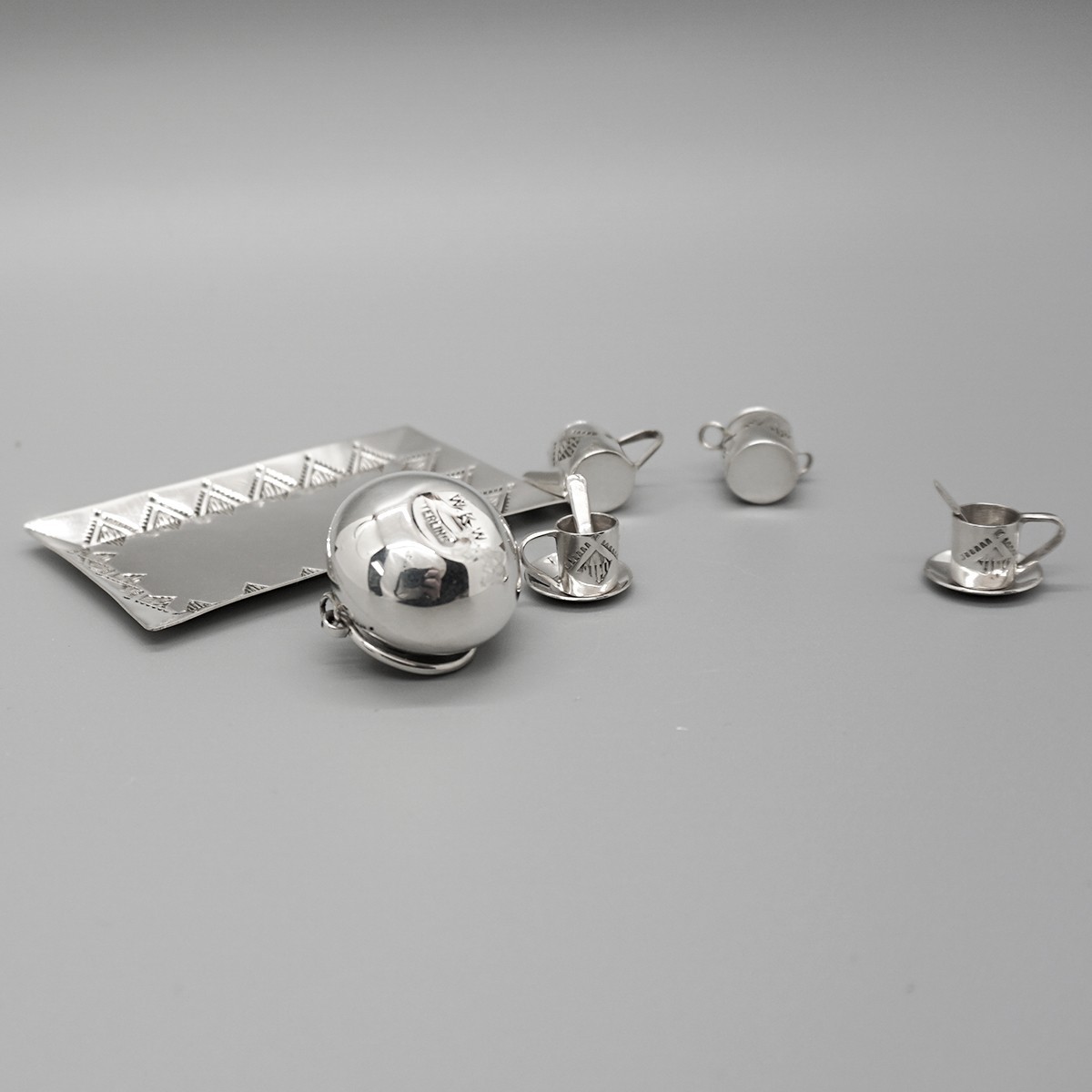TEN PIECE MINIATURE TEA SET STERLING with TURQUOISE by WESLEY WHITMAN–NAVAJO
