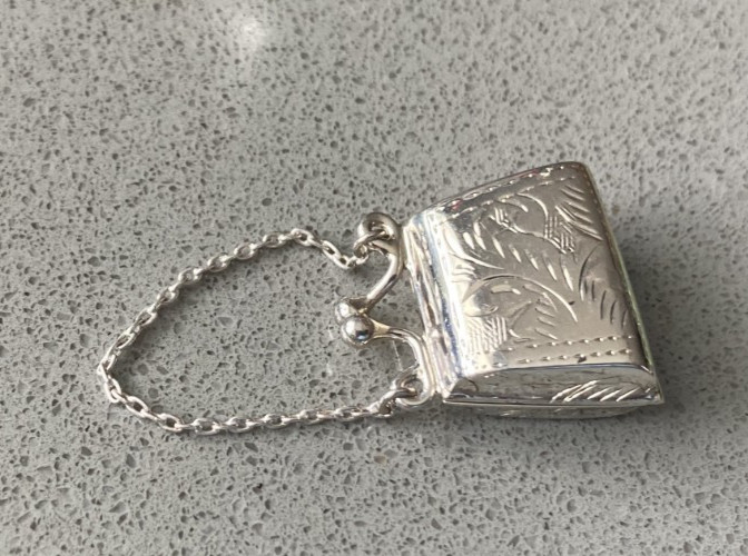 Tiny sterling silver etched purse pill box