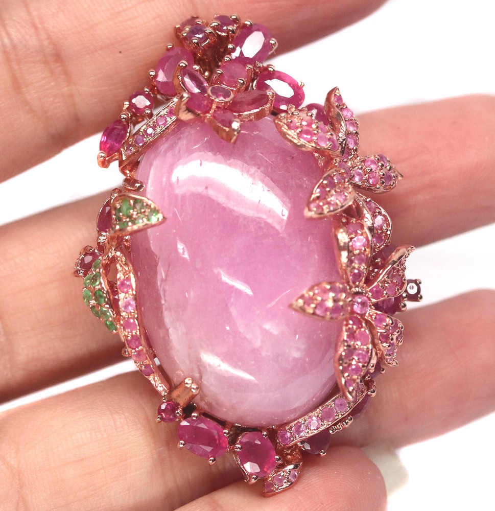 925 Sterling Silver Brooch Heated Pink Ruby Sapphire Tsavorite 25x36mm