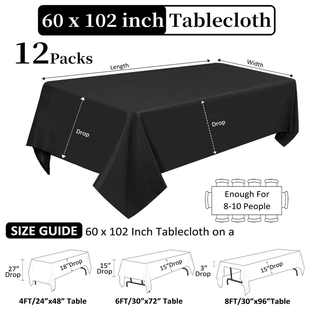 12 Pack Black Tablecloths 60 x 102 Inch Rectangular Table Cloths for Rectangl...