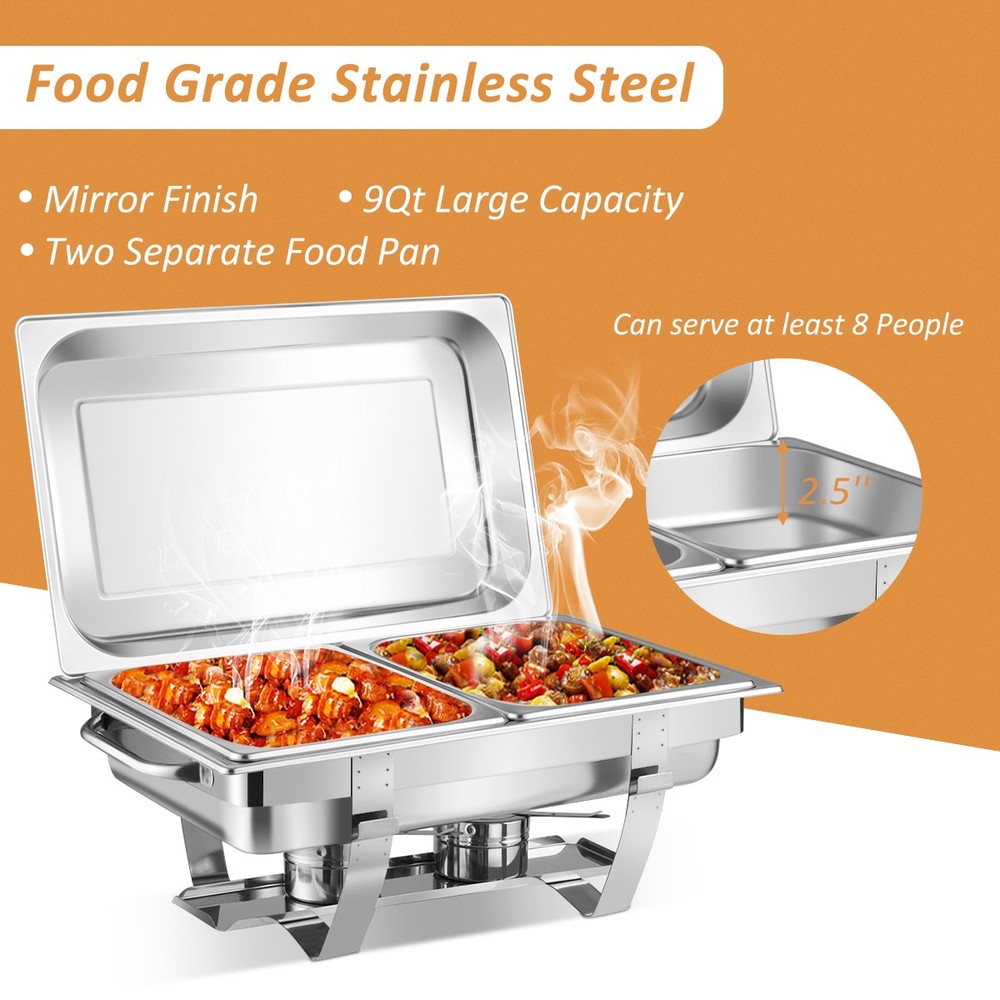 Costway 2PCSs Full Size Chafing Dish 9 Quart Stainless Rectangular Chafer Buffet