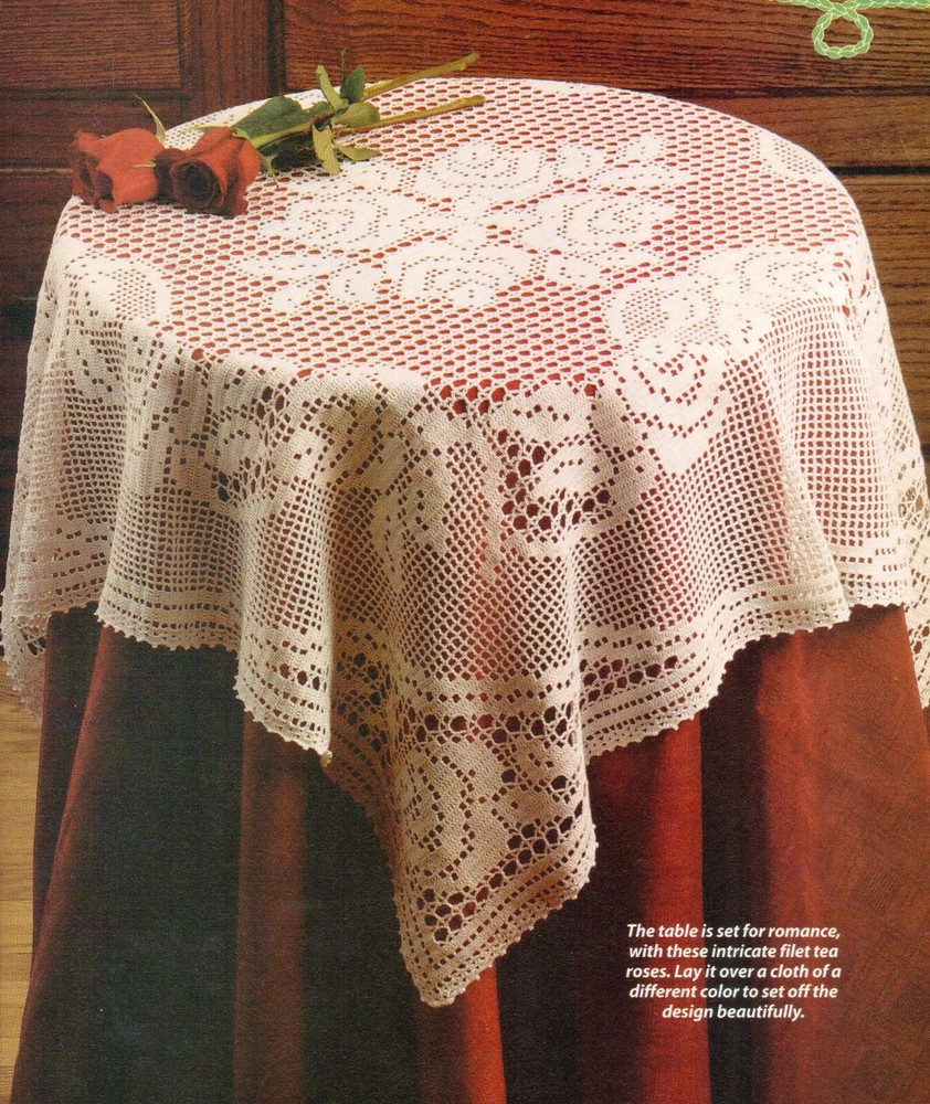 TEA ROSE TABLECLOTH 34" SQUARE HOME DECOR CROCHET PATTERN INSTRUCTIONS