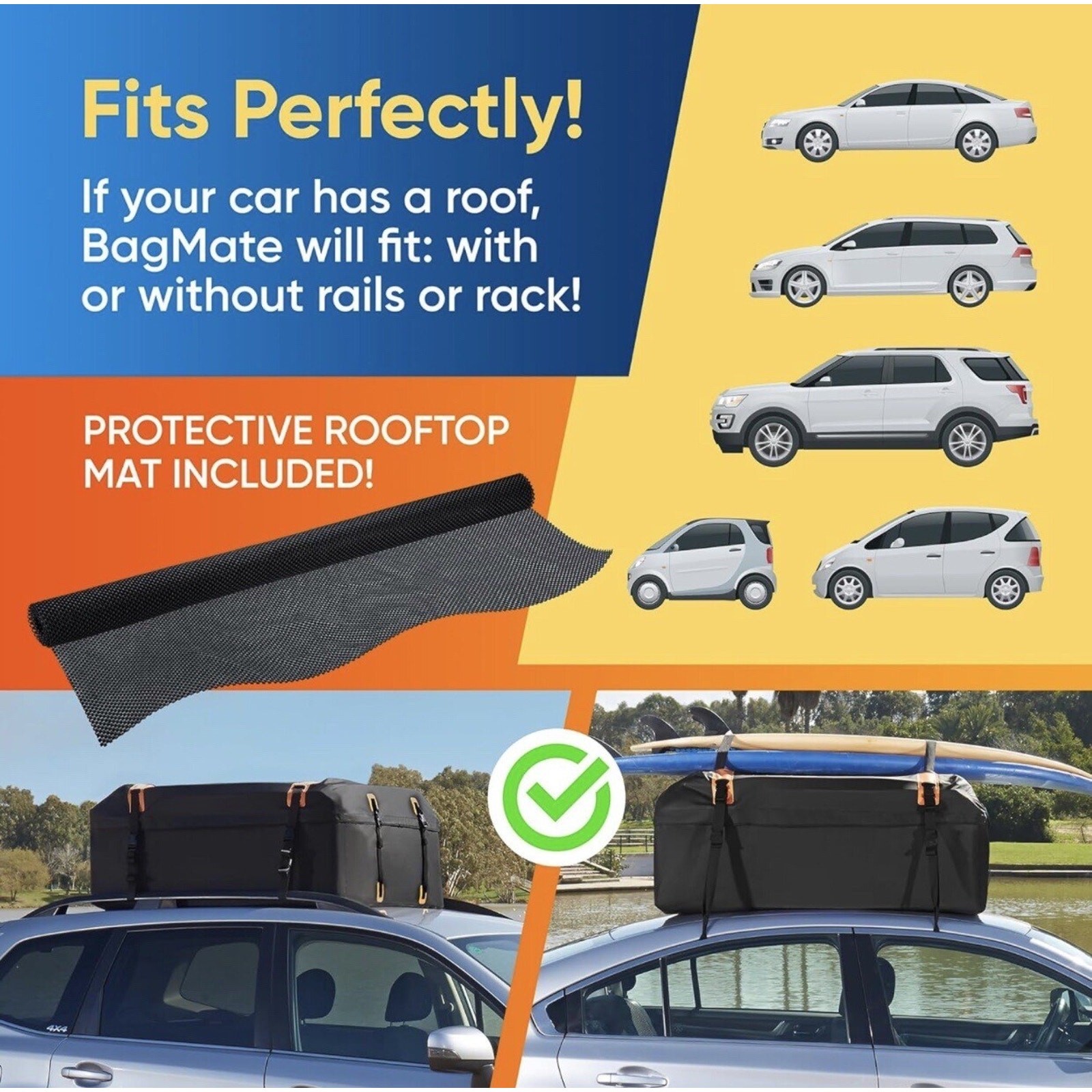 BAGMATE Waterproof Car Roof Bag,Rooftop Cargo Carrier 15 Ft w/4 Door Hooks *READ
