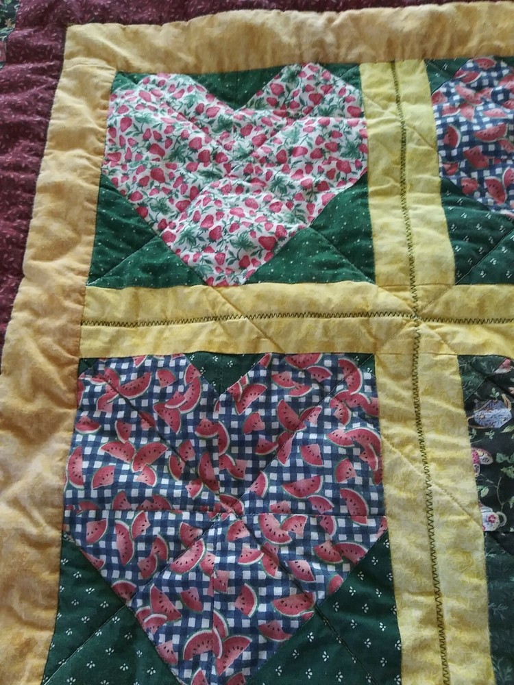 2001 Teapots & Melon Hearts Print Patchwork Quilted Wall Hanging 35"x 35"